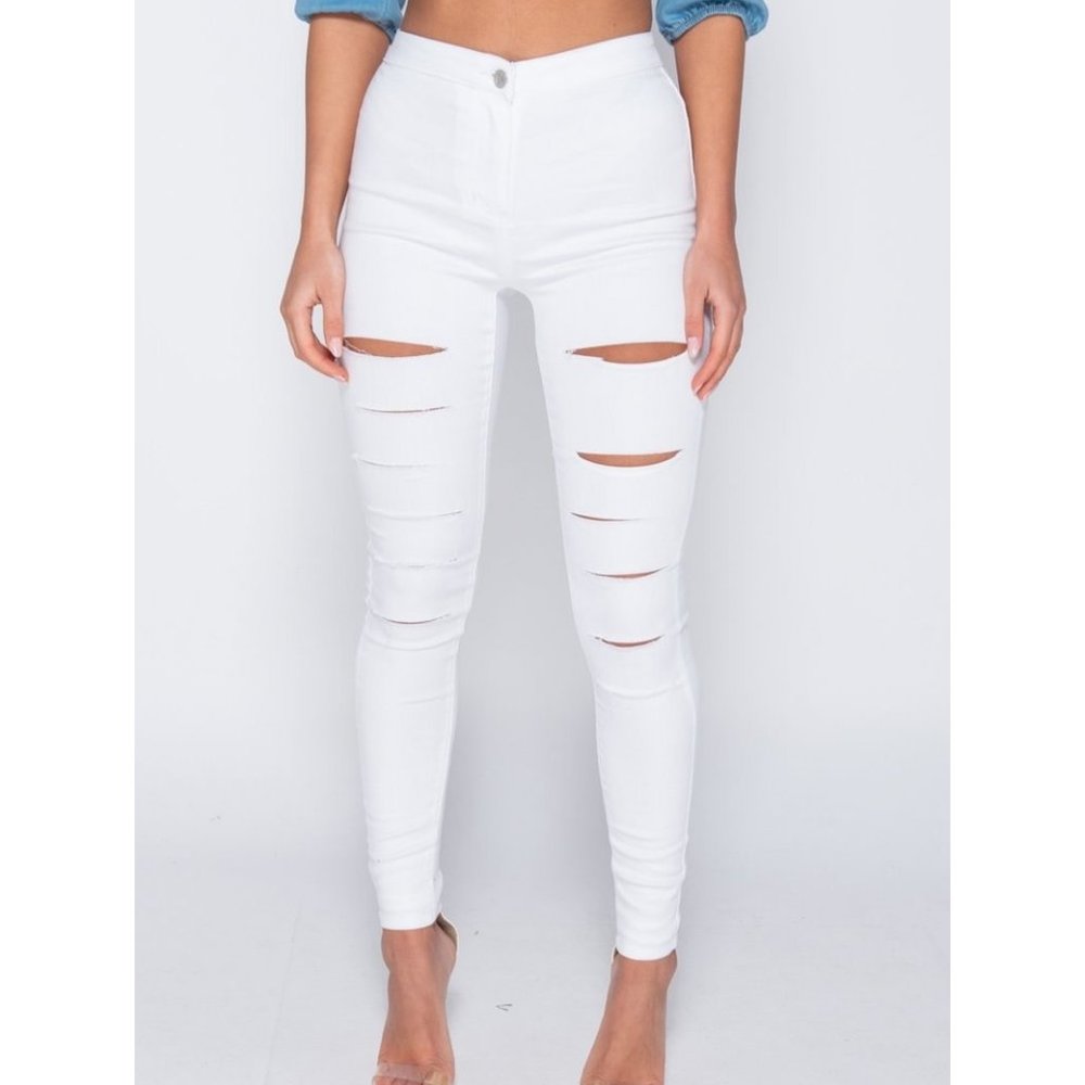 White High Waist Ripped Distressed Skinny Denim Jeggings Pants - Picture 4 of 10